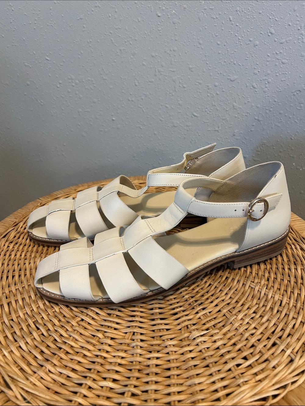 Pilcro Cream Leather Fisherman Sandals with Ankle Buckle